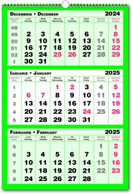 Calendar triptic trei culori, verde, 33 x 48 cm, 12 file, 2025